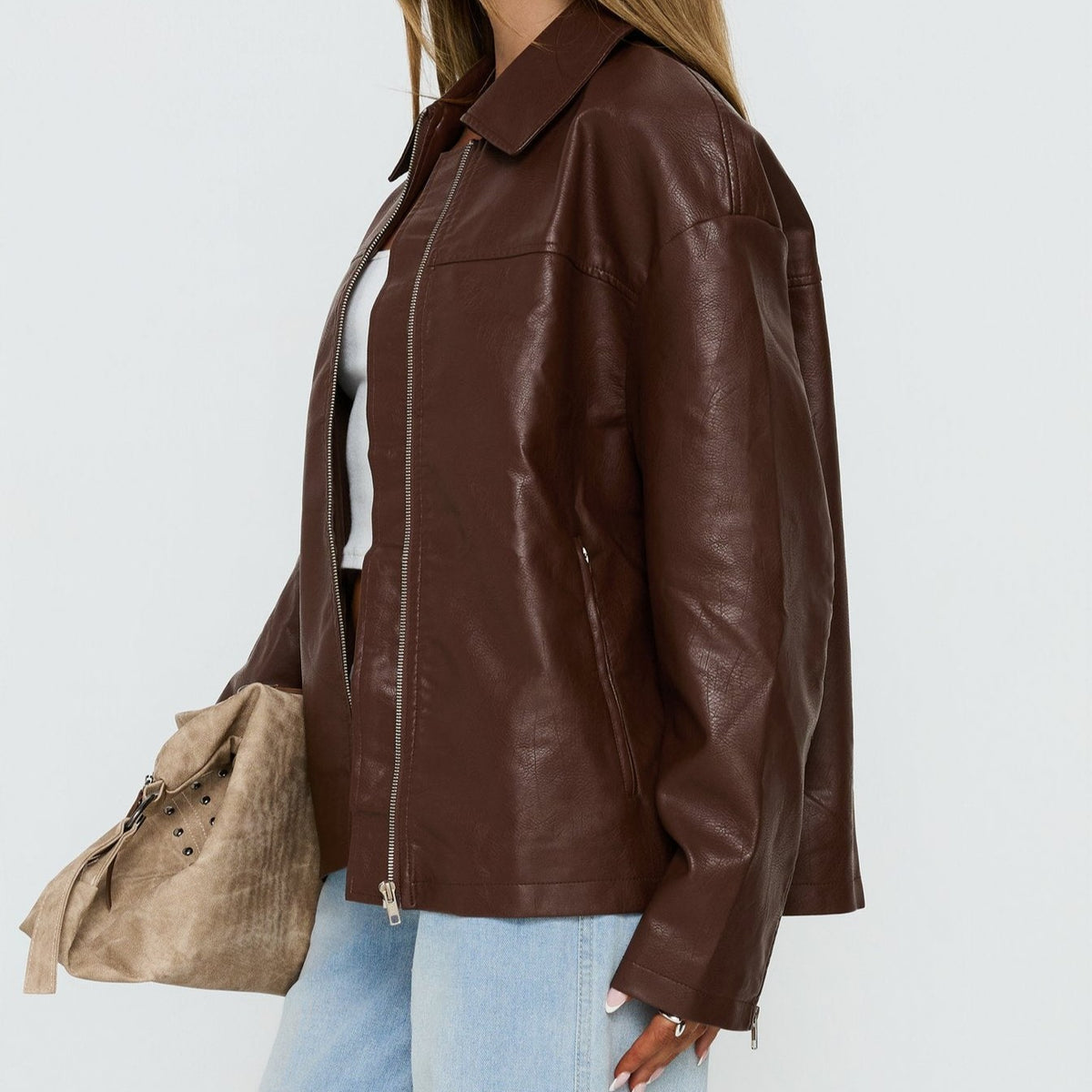 Dark Brown Faux Leather Oversized Long Sleeve Jacket