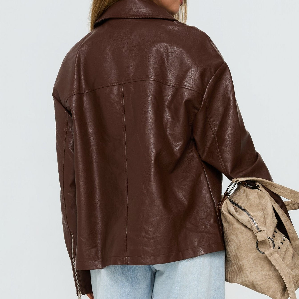 Dark Brown Faux Leather Oversized Long Sleeve Jacket
