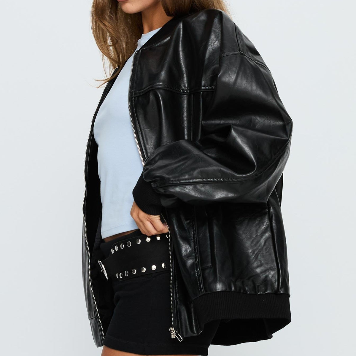 Washed Stone Faux Leather Oversized Bomber Jacket