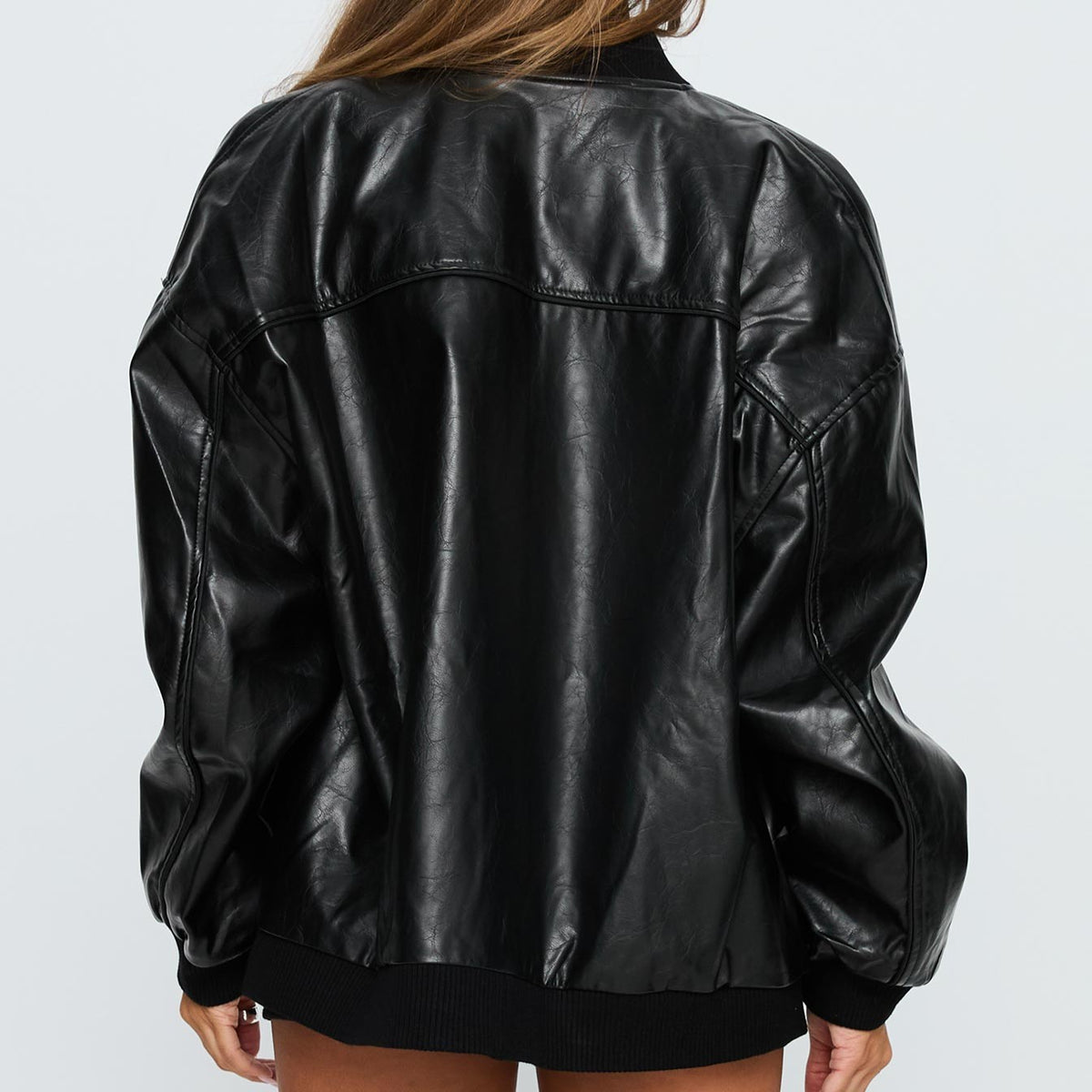 Washed Stone Faux Leather Oversized Bomber Jacket