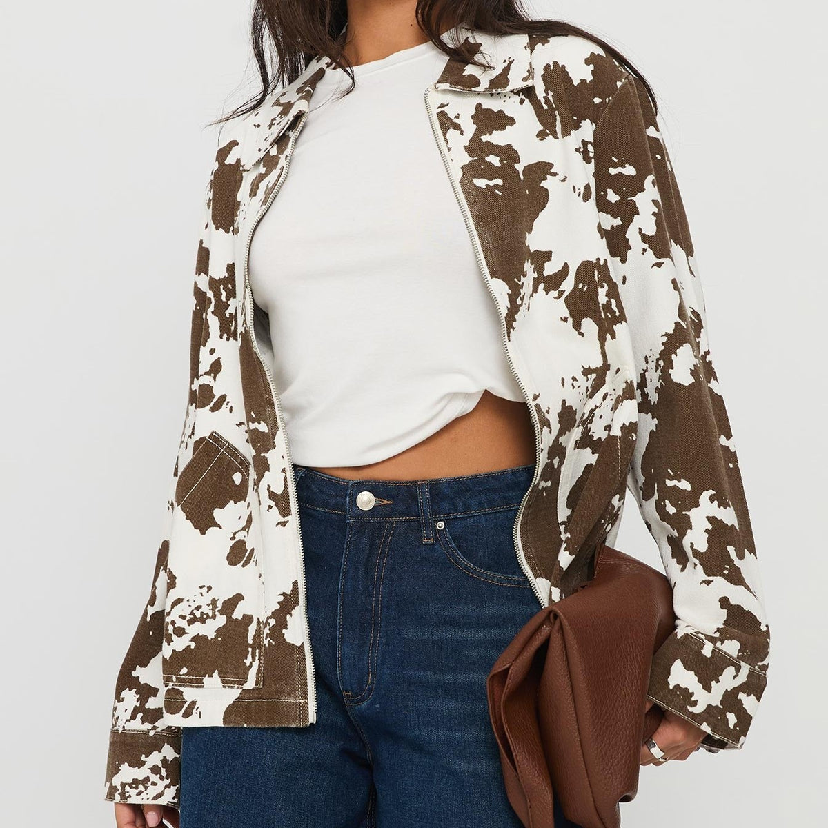 Cow Print Collared Zip Through Oversized Jacket