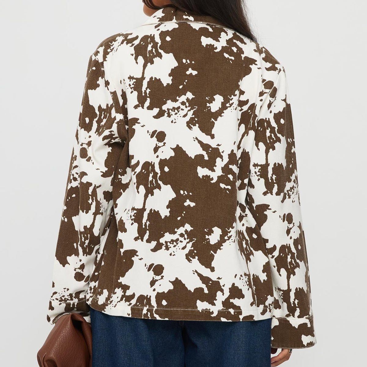 Cow Print Collared Zip Through Oversized Jacket