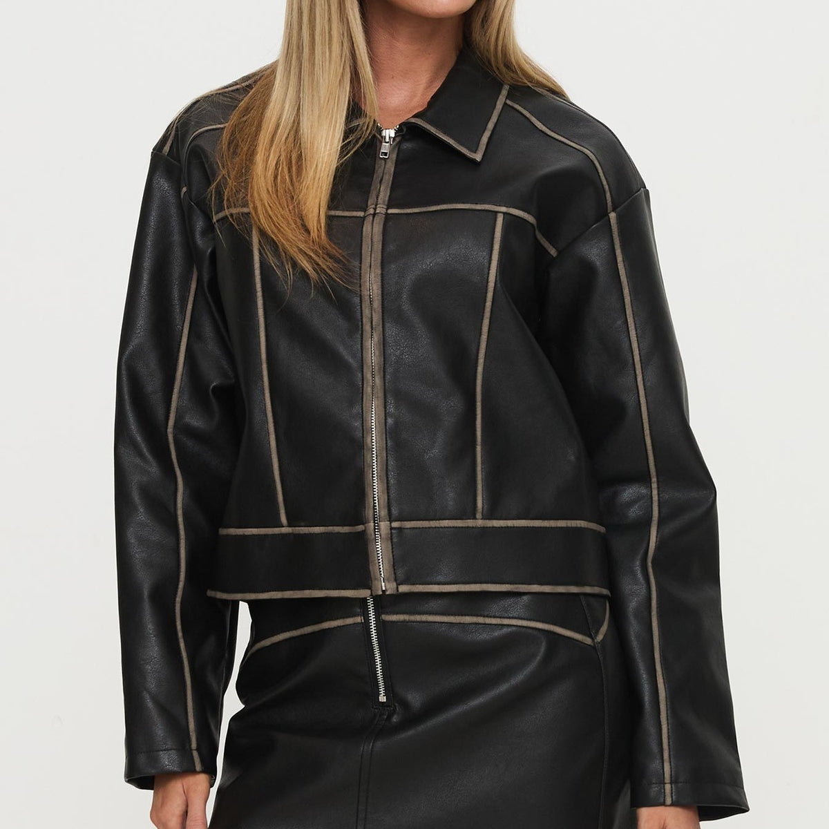 Black Faux Leather Collared Jacket with Contrast Stitching