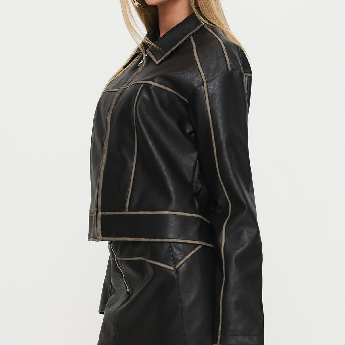 Black Faux Leather Collared Jacket with Contrast Stitching