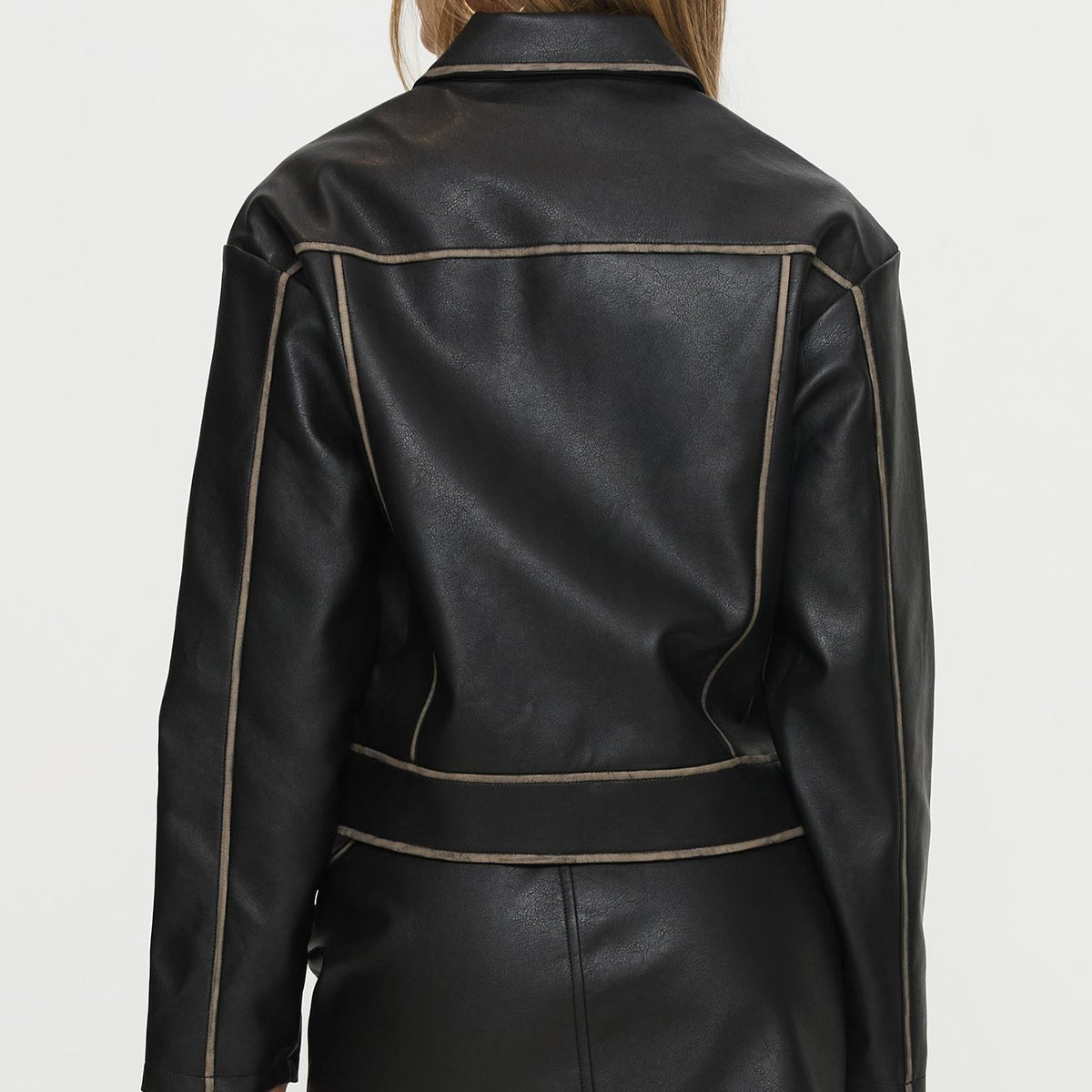 Black Faux Leather Collared Jacket with Contrast Stitching